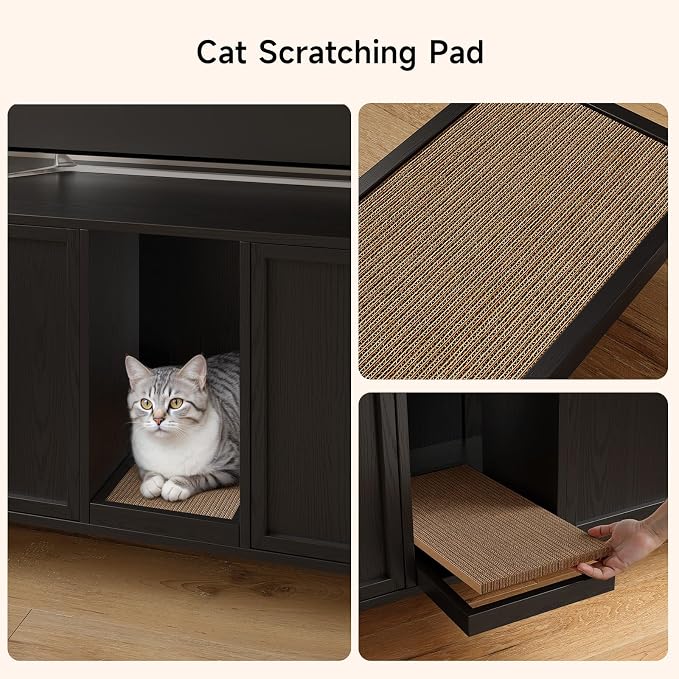 ONBRILL 63 Inches Cat Litter Box Enclosure for 2 Cats, Hidden Litter Boxes Furniture with Cat Scratch Pad, Large Indoor Pet House with Double Room, Wooden TV Stand Side Table, Black - Image 5