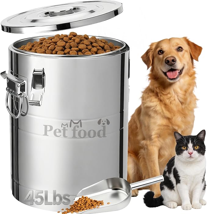 Newget 45 Lbs Stainless Steel Dog Food Storage Container, Large Airtight Pet Food Storage Bin with Lid to Keep Fresh, Metal Container with Scoop for Dog, Cat, Bird Seed, Rice, Grain & Kitchen Pantry by Newget