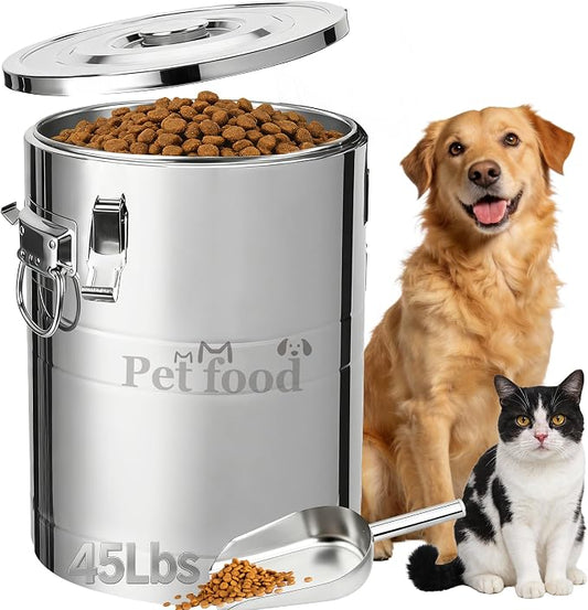 Newget 45 Lbs Stainless Steel Dog Food Storage Container, Large Airtight Pet Food Storage Bin with Lid to Keep Fresh, Metal Container with Scoop for Dog, Cat, Bird Seed, Rice, Grain & Kitchen Pantry by Newget