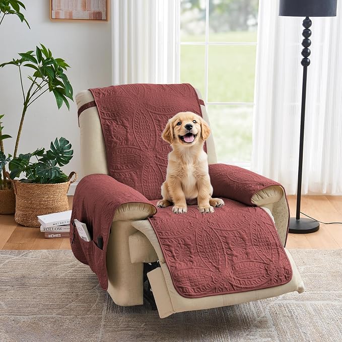 Red Quilted Recliner Chair Covers, Waterproof Recliner Chair Covers, Lazy Boy Chair Covers, Pet Friendly Recliner Slipcover for Dogs Cats, Washable Furniture Protector (Recliner 22", Red) by Pamhaven