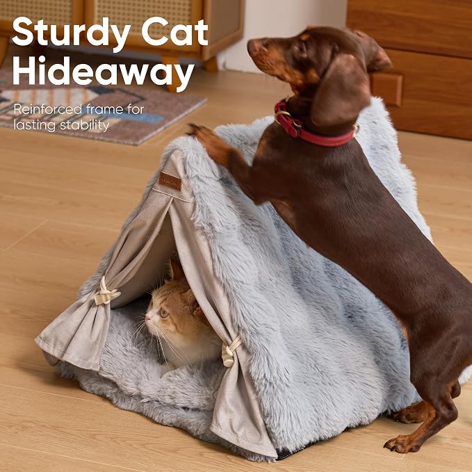 FUKUMARU Cat Cave Bed, Sturdy Frame Washable Cat Tent Bed with Curtain | Semi-Enclosed Cat Hideaway for Anxious Cats, Large Cozy Cat House for Indoor Cats, Soft Plush Covered Dog Bed, Grey - Image 3