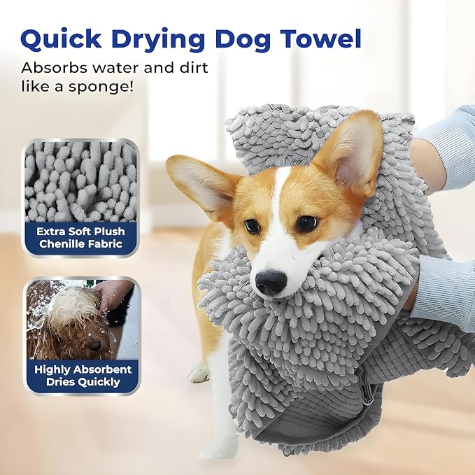 Muddy Mat Doggy Dryer, Highly Absorbent Microfiber Washable Dog Shammy Quick Drying Towel Absorber - Extra Soft Plush Wrap Chenille Bath Towels to Dry Soggy Large Pets & Small Puppy-Grey 19"x46" - Image 2