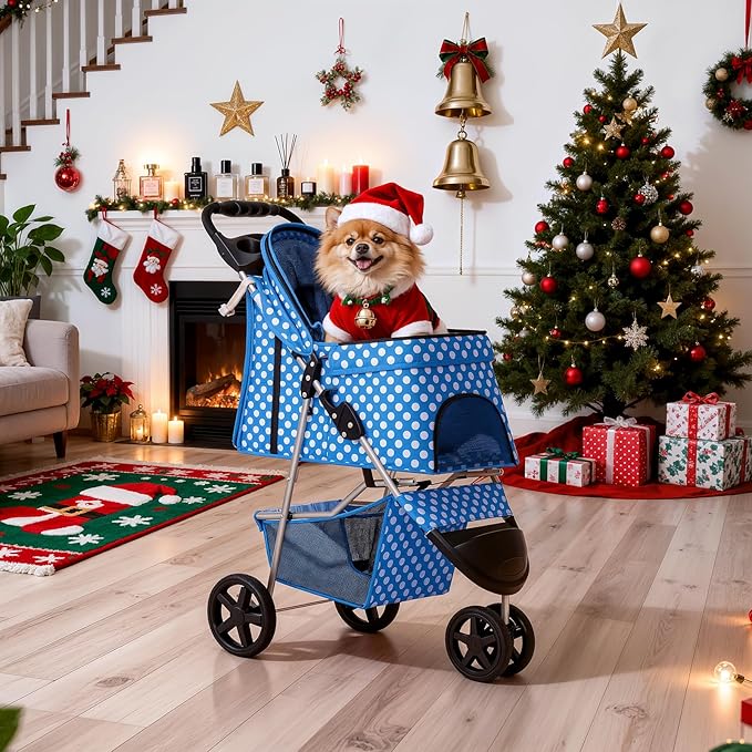 MoNiBloom 3 Wheels Pet Dog Cat Stroller for Small Medium Dogs Cats, Foldable Jogger Stroller w/Storage Basket and Cup Holder, Sky Blue Polka Dots