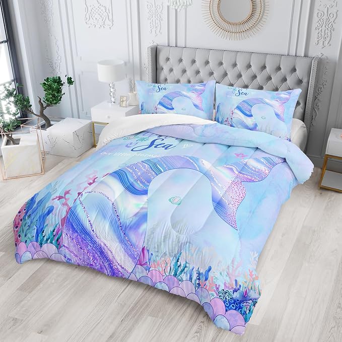 Nttopship Mermaid Princess Comforter Sets King Size for Boys Girls Bedding Set Sea Beach Ocean Blue Bedroom 1 Comforter with 2 Pillowcases - Image 2