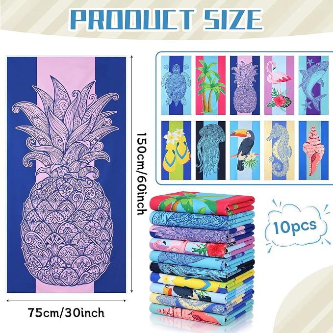 Buryeah 10 Pcs Beach Towels 30 x 60 Inch Quick Dry Absorbent Beach Blanket Seahorse Dolphin Turtle Crab Jellyfish Flamingo Pineapple Hawaii Towel for Kids Adult Sports Pool Picnic Camping Travel Swim - Image 2
