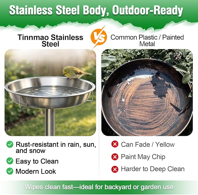 tinnmao 304 Stainless Steel Bird Bath for Outside, 40 Inch Tall Freestanding Metal Birdbath & Feeder with Removable Bowl for Garden Yard Patio Lawn - Image 3