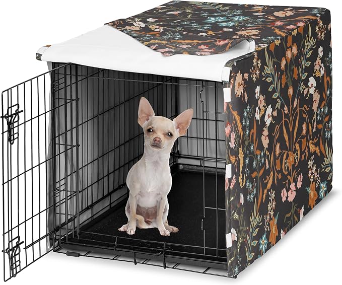 Sweet Jojo Designs 24in. Small Dog Crate Cover (Black Boho Wildflower) for Girls Pet Cage, Kennel Covers (Vintage, Floral, Leaves, Botanical, Paisley, Flower, Bohemian, Farmhouse, Orange, Blue, Teal) by SweetJojoDesigns