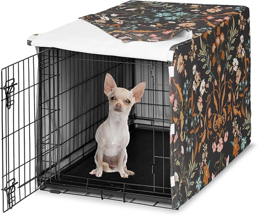Sweet Jojo Designs 24in. Small Dog Crate Cover (Black Boho Wildflower) for Girls Pet Cage, Kennel Covers (Vintage, Floral, Leaves, Botanical, Paisley, Flower, Bohemian, Farmhouse, Orange, Blue, Teal) by SweetJojoDesigns