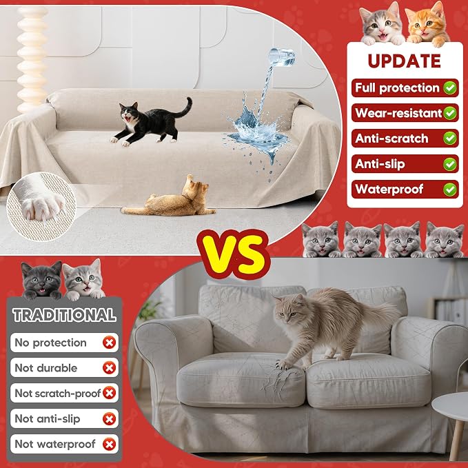 Loiion Cat Scratch Proof Furniture Protector Waterproof Sofa Cover 150"x91" | Pet-Friendly Couch Protector, Anti-Scratch & Anti-Slip Sofa Cover For Cats Dogs Kids, Machine Washable - Image 7
