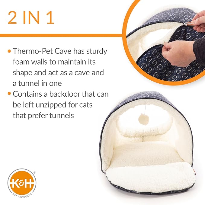 K&H Heated Cat Bed, Thermo-Pet Cave Indoor, Safety Listed, 4W, Navy/Geo | Removable Waterproof Cat Heating Pad, Heated Pet Bed for Dogs & Cats, Covered Cave Pet Tent, Collapsible, Machine Washable - Image 3