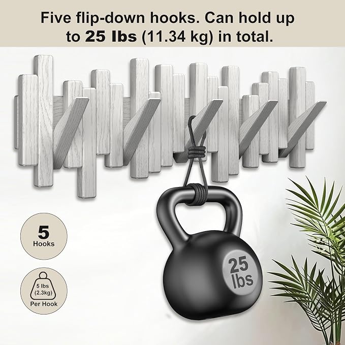Coat Rack Wall Mount Piano Flip Down Wall Hook Rack 5 Hooks Oak | Natural Wood Handmade Unique Hanger for Coats Bag Hat Umbrella key Wall Art In the foyer living room bedroom bathroom office - Image 5