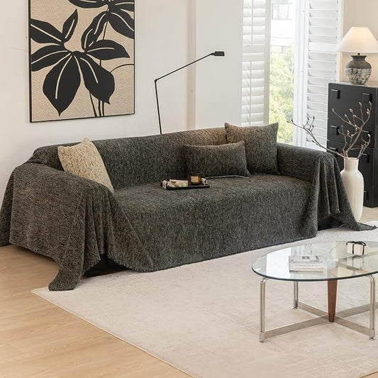 ROOMLIFE Gray Couch Cover Boho Sofa Covers for 3 Cushion Couch Washable, Furniture Protector Sofa Couch Cover for Dogs, Soft Chenille Sofa Slipcover, Couch Throw Blankets with Tassels 71 '' X 134'' by ROOMLIFE
