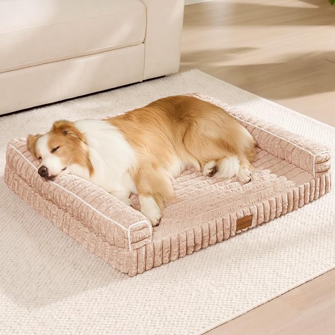 Orthopedic Calming Large Dog Bed Pet Sofa Bed 48''X30'' Beige | 3-Sided Pet Couch Large Sized Dog, Soft Egg-Crate Foam Dog Mat, Waterproof Removable Washable Cover, Nonskid Bottom Cat Bed - Image 2
