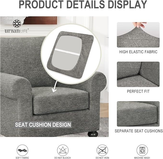 URBANLIFE 2-Piece Stretch Sofa Covers for 1 Cushion Couch, Light Gray | Super fitted spandex slipcovers for couches. Non-slip elastic bottom. Machine washable furniture protector for kids & pets. - Image 6