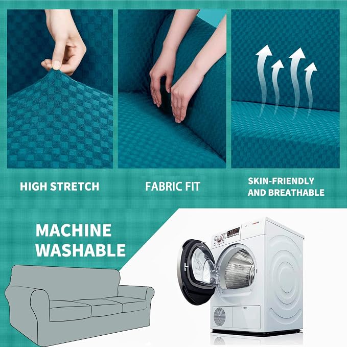 YEMYHOM Latest Checkered 4 Pieces Couch Covers for 3 Cushion Couch Extra Large High Stretch Thickened Sofa Cover for Dogs Anti Slip Furniture Protector Sofa Slipcovers (Teal), 91"-110"(3 Cushions) - Image 5