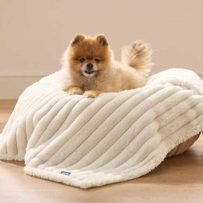 Bedsure ComfyFleece™ Waterproof Dog Blankets for Small Dogs,25x35 Cream | Soft Plush Puppy Cat Blanket, Washable Corduroy Fleece,Cozy Calming Reversible Furniture Protector Indoor for Pet Kitten - Image 8