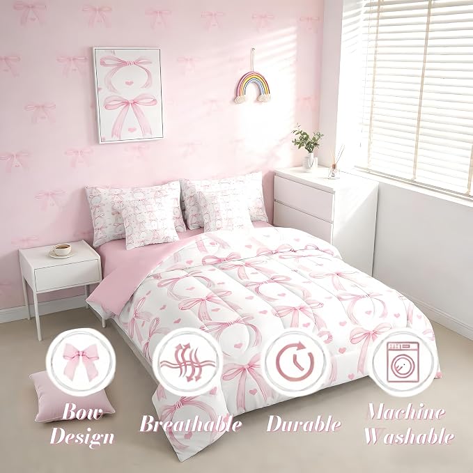 Erosebridal Ribbon Bowknot 7 Piece Comforter Set King Bed in A Bag Girls Love Heart Pink Bows Bedding Set for Women Room Decor Coquette Bow Sheets Valentine Stripe Pink Bows Bowtie Bed Comforter Sets - Image 3