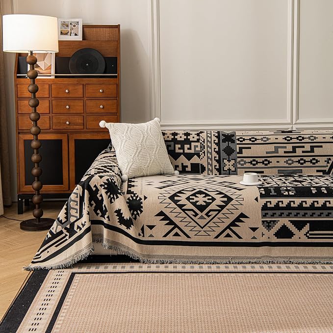 VClife Boho Couch Cover, Aztec Sofa Cover for Dog, Non Slip Washable Couch Covers for 3 Cushion Couch Sofa, Reversible Triangle Geometric Futon Cover Furniture Protector (Black-Beige, 71" x 134") by VCLIFE