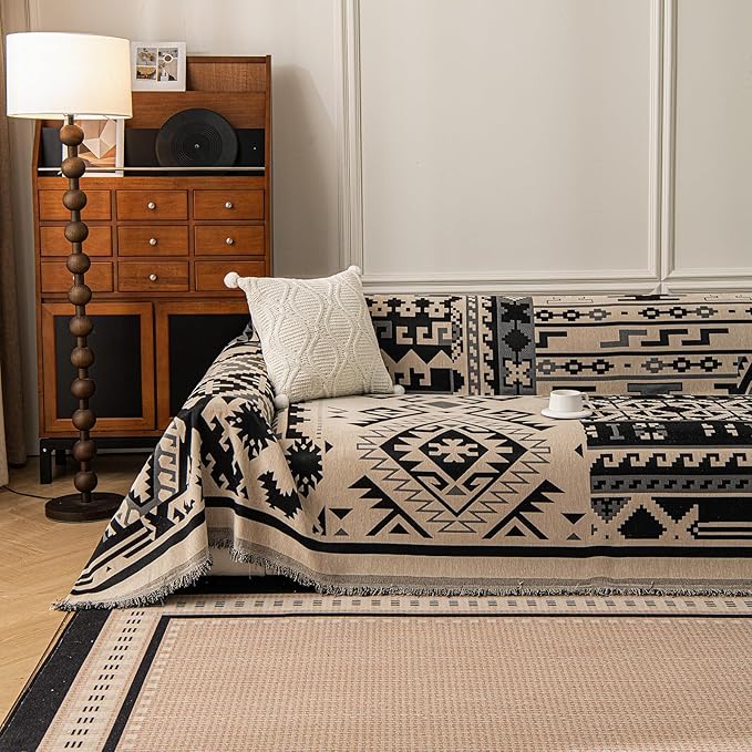 VClife Boho Couch Cover, Aztec Sofa Cover for Dog, Non Slip Washable Couch Covers for 3-4 Cushion Couch Sofa, Reversible Triangle Geometric Futon Cover Furniture Protector (Black-Beige, 71" x 150") by VCLIFE