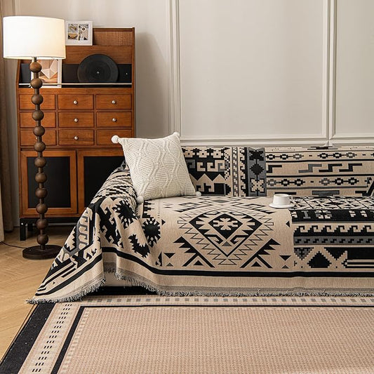 VClife Boho Couch Cover, Aztec Sofa Cover for Dog, Non Slip Washable Couch Covers for 3-4 Cushion Couch Sofa, Reversible Triangle Geometric Futon Cover Furniture Protector (Black-Beige, 71" x 150") by VCLIFE