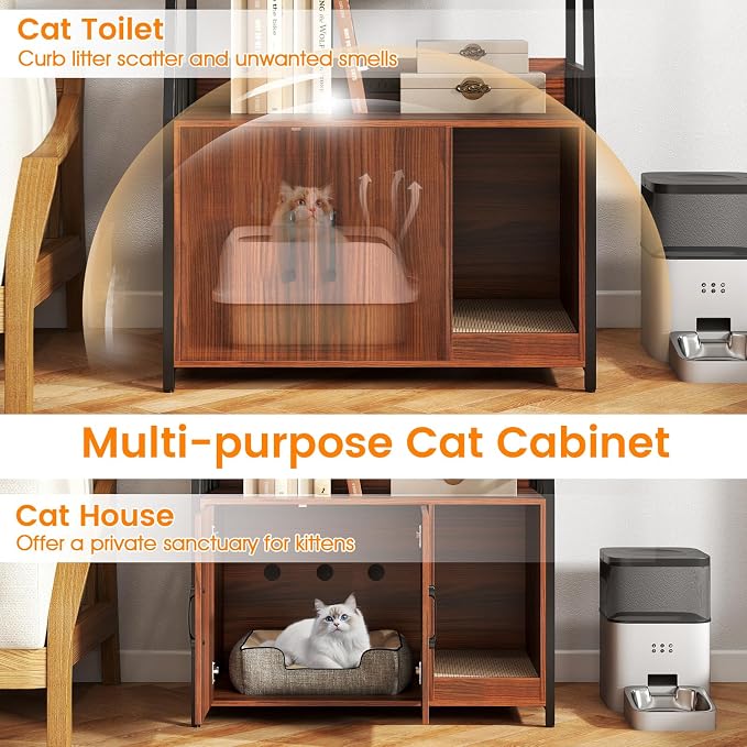 PETSITE Cat Litter Box Enclosure with Storage Shelves, 52 Inches Tall Hidden Litter Box with Charging Station, Scratching Board, and Winding Entry (Walnut) - Image 6