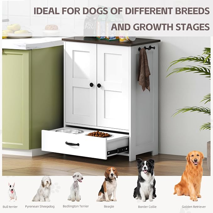 Pet Feeding Station, Dog Feeding Station, Dog Food Storage Cabinet, Pet Food Toy Organiser with 2 Elevated Bowls and Hook for Feeding and Drinking, White - Image 2