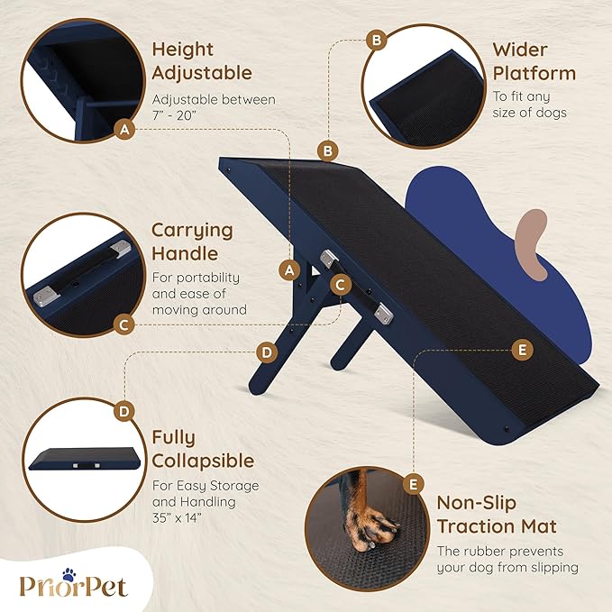 Dog ramp for Couch – Non-Slip, Sturdy Build Foldable Dog ramp – Supports up to 200lbs – Adjustable 7'' to 20'' – Landing Platform Seamlessly Connects – Birchwood Pet Ramp for Small Dogs – Blue