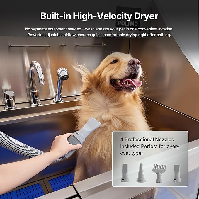 POLIMO Dog Washing Station with Built-in Pet Dryer and LED Display 61" (Right Ramp), 304 Stainless Steel Dog Bathtub for Large Medium Small Dogs, Wash and Dry Grooming Tub with Faucet, Storage Drawer - Image 2