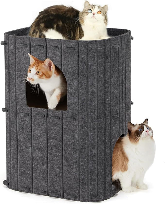 FUKUMARU Cat House for Indoor Cats, Warm Felt Cat Bed, Scratch Resistant | Large Cat Bed Cave, 3-in-1 Cat Condo, Cozy Felt Covered Cats Tunnel, 23.62 Inch Kitten Hideaway for Multicats, Dark Grey by FUKUMARU