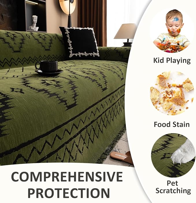 VClife Bohemian Green Couch Cover for Dog, Non Slip Sectional Sofa Covers Furniture Protector Washable Tribal Pattern Couch Covers for 3 Cushion Couch Sofa, Soft Pet Sofa Slip Cover, Green, 71"X150" - Image 4