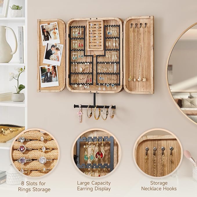Pinzoveco Hanging Jewelry Organizer, Wall Mounted Jewelry Organizer for Earring Holder Organizer, Jewelry Cabinet Holder Jewelry Storage Box for Earrings, Necklaces, Bracelets, Ring Holder - Image 2