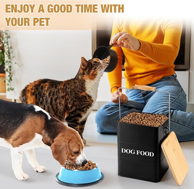 Tioncy 2 Pcs Metal Dog and Cat Food Storage Containers Big Pet Food Containers with Bamboo Lids and Spoon Airtight 5-7 Lbs Dog Cat Treat Snack Jars with DIY Labels for Kitchen Counter(White,Black) - Image 4