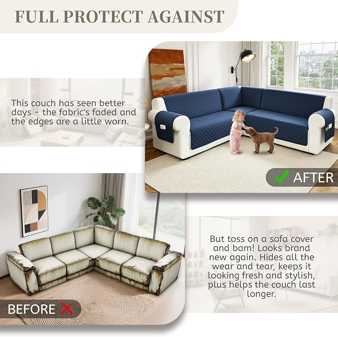 Sectional Couch Covers for Dogs 100% Waterproof Corner L Shaped Sofa Cover Pet Friendly Velvet Washable Anti Slip L Shape Modular Sofa Slipcover Protector with Pockets (Navy Blue, XX-Large) - Image 7