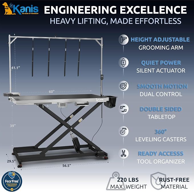 KANIS Professional Electric Dog Grooming Table - Heavy Duty | Height Adjustable Pet Grooming Table w/Leveling Wheels, Dog Grooming Arm, Anti-Slip Tabletop & Tool Organizer (Black, 60") - Image 2