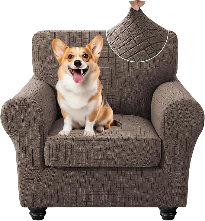CYCMCAO Stretch 2 Piece Armchair Covers, Non Slip Chair Covers Armchair, Sofa Covers for Pets Washable with Elastic Bottom, Couch Slipcover for Kids, Dogs (Light Brown), 31"-46" (1 Cushion) by CYCMACOHOME