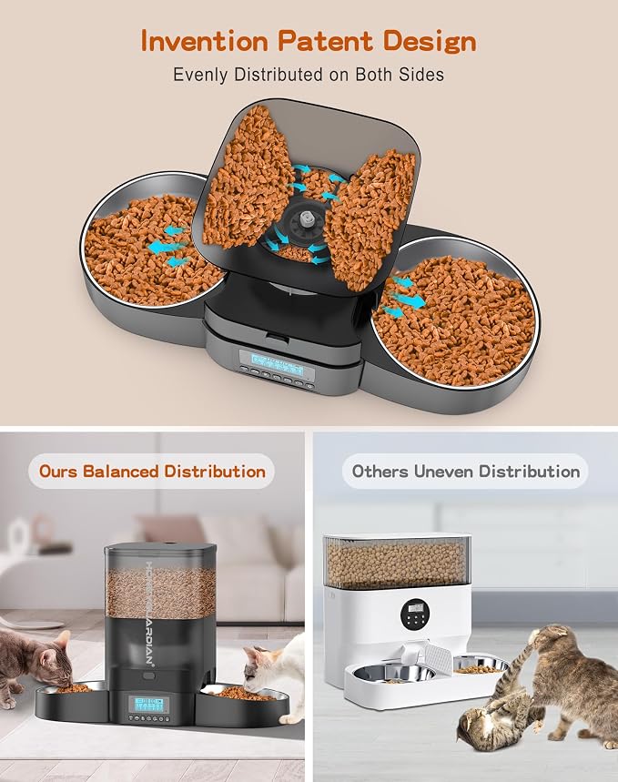 HoneyGuaridan 3.5L Automatic Cat Feeder for Two Cats, Food Dispenser with Stainless Steel Bowl,Timed Cat Feeder Programmable 1-6 Meals Control, Dual Power Supply,10s Meal Call Black - Image 2