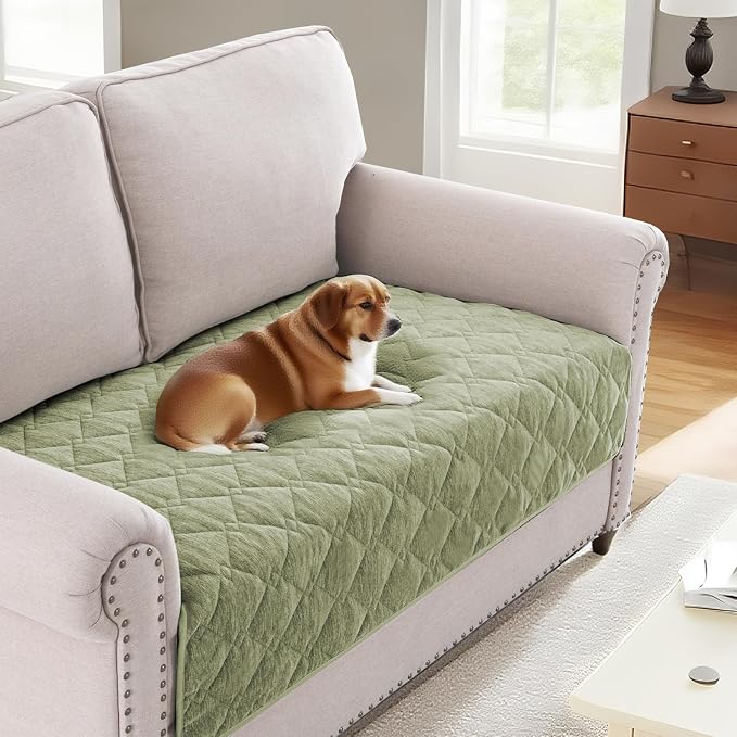 H.VERSAILTEX Couch Cover Chenille Pet Fuzzy Sofa Covers for 2 Cushion Couch Anti Slip Washable Sofa Slipcovers with Strap Soft Couch Protector Cover for Dogs Cats Kids(34.5" x 63", Tender Green) by HVERSAILTEX