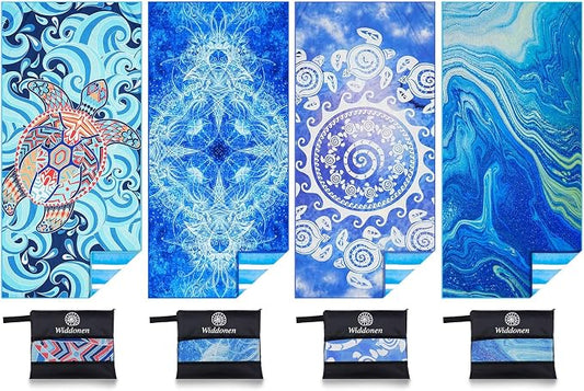 Widdonen Microfiber Beach Towel,Compact 4 Pack-71x32 Inch with Bag Travel | Extra Large,Lightweight,Thin,Sand Free,Quick Dry,Absorbent.Packable for Camping,Swim,Pool,Bath,Picnic,Cruise Essentials Gift by WIDDONEN