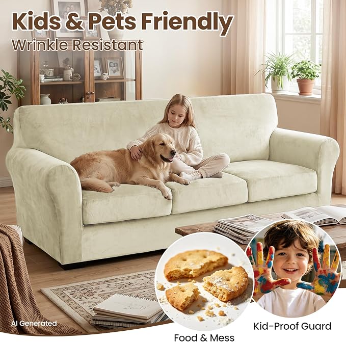 XINEAGE 3-Piece Velvet Loveseat Sofa Cover, Couch Covers for Dog,Beige | 2 Cushion Loveseat,Stretch Non-slip Elastic, Pet-friendly, Washable, Fast Setup, Soft Plush Fabric, Furniture Protector. - Image 6
