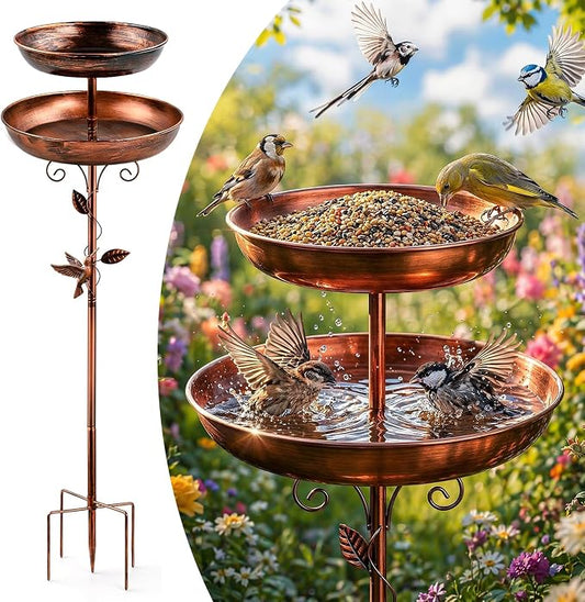 2-in-1 Tall Bird Bath and Feeder for Outdoors, 47" Adjustable Metal Standing Birdfeeder with 5-Prong Base, Antique Copper Finish Rustproof Water Bowl & Seed Tray Station for Garden Yard Patio Decor by Serdyes