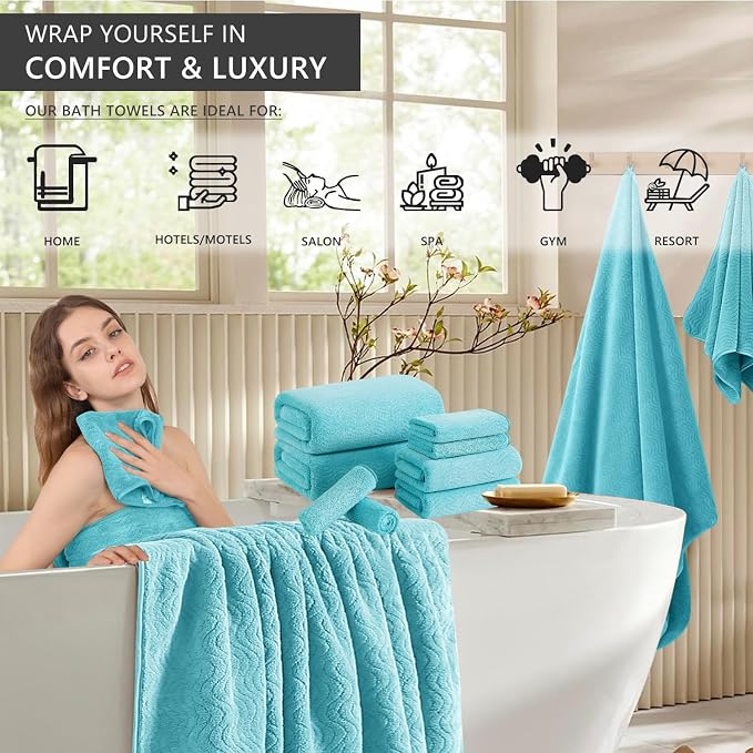 8 Piece Bath Towel Set |2 Oversized Large Bath Sheet,2 Hand Towels,4 Washcloths| Ultra Soft Cozy Bath Towel Set for Bathroom Hotel Gym Spa,Highly Absorbent & Quick Dry Bathroom Towel Collections,Teal - Image 2