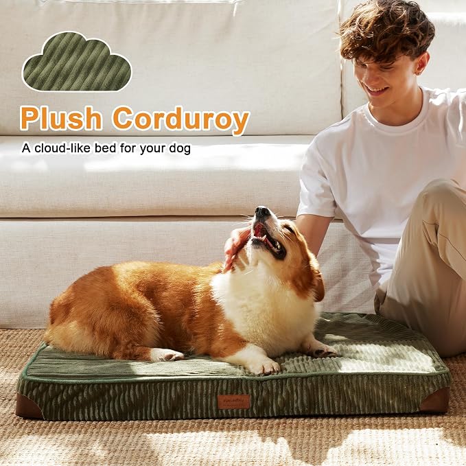 FUKUMARU Large Dog Bed, Thickened Waterproof Dog Mat with Washable Cover | Corduroy Orthopedic Dog Bed for Crate, 28D Egg Crate Foam Support Pet Mat, Cozy Flat Dog Pad with Anti-Slip Bottom, Green - Image 2