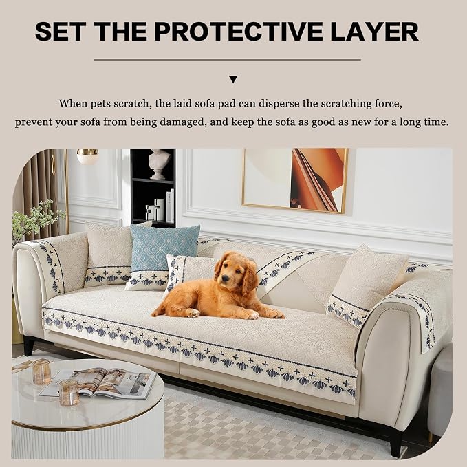 DREAMINGO Sofa Seat Cover, Washable Chenille Sofa Protector for Pets Kids, European Embroidery Jacquard 3 Cushion Couch Slipcover, Versatile Living Room Furniture Cover 35.4"x82.7", Beige - Image 6
