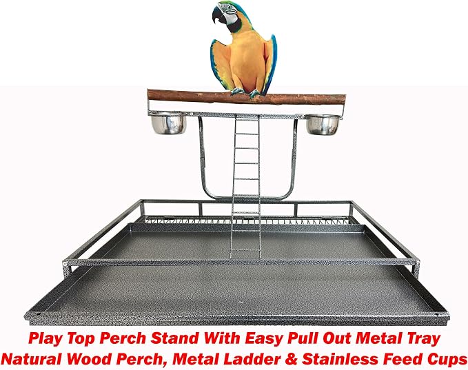 Large Elegant and Durable Wrought Iron Play Ground Perch Stand Top Climbing Ladder Bird Parrot Rolling Metal Cage with Around Seed Guard Storage Shelf On Heavy Duty Lockable Rolling Wheels - Image 4