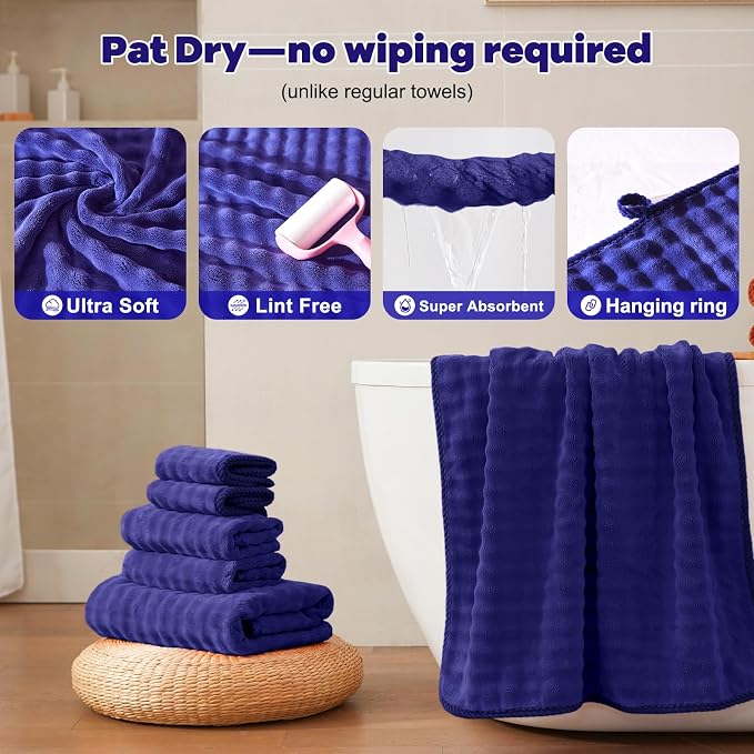 COZYART Lint Free 8Pcs Bathroom Towels Set Ultra Soft Microfiber Navy Blue | Cloud-soft, Ultra fluffy, Thick, Highly Absorbent, Quick Dry, Lint-Free Towels - Image 5