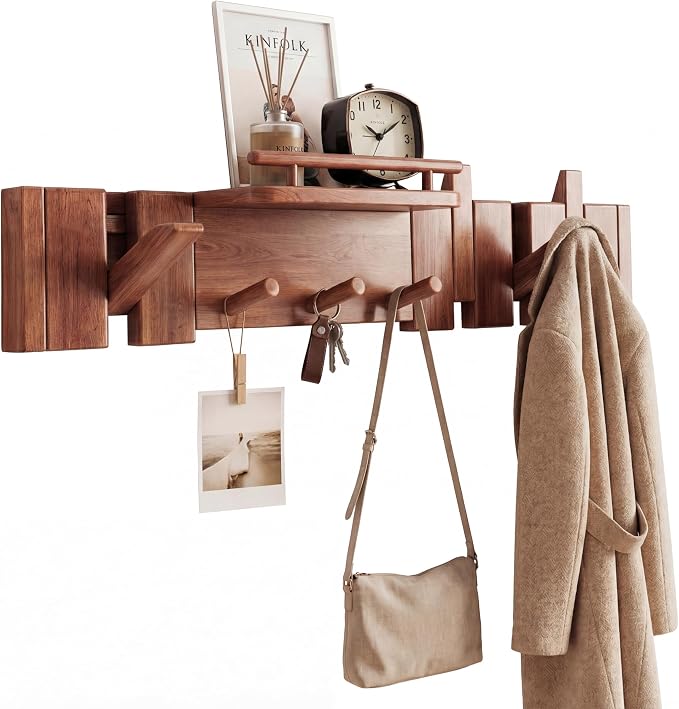 Mid Century Modern Wood Coat Rack Wall Mount with Shelf, 7 Hooks, Walnut | Wood and metal wall rack with fold-down piano-key hooks and display shelf organizes coats, bags, keys and decor up to 25 lb. by Unknown