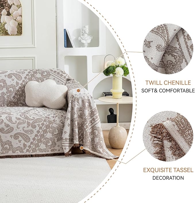Deep Dream Boho Couch Cover Blanket, Soft Chenille Sofa Covers for 3 Cushion Couch, Sofa Slipcovers Washable Living Room Furniture Protector for Dogs Pets (Khaki, 71"x134") - Image 4