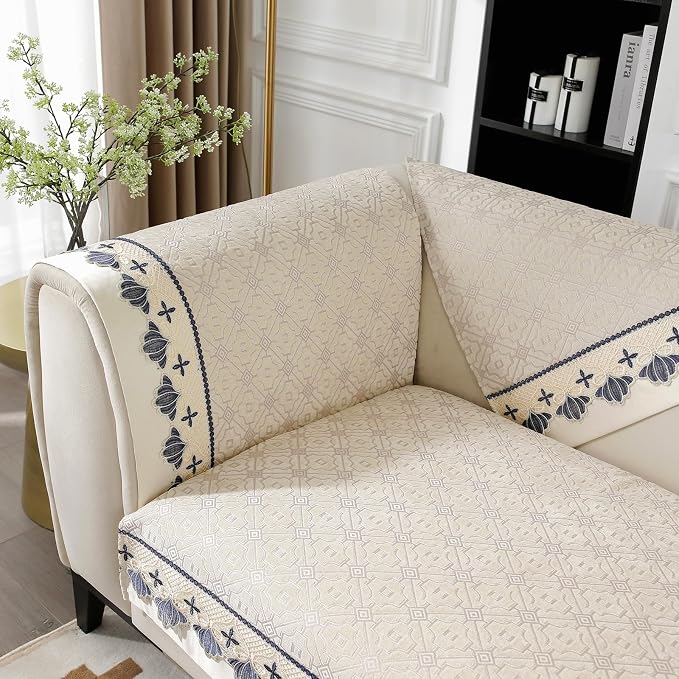 DREAMINGO Couch Armrest Cover, European Embroidery Jacquard Armchair Couch Protector, 1 Piece Anti Slip Pet Sofa Covers Washable Soft Chenille with Lace Edge, Beige, 27.6"x27.6" by DREAMINGO