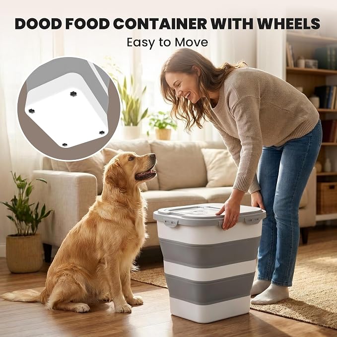 35-40Lbs Airtight Dog Food Storage Container Collapsible Dog Food Container | Large Pet Food Storage Container with Lid, Wheels,Date Track,Keep Fresh for Rice,Flour,Sugar,Scoop,2PCS Container - Image 6