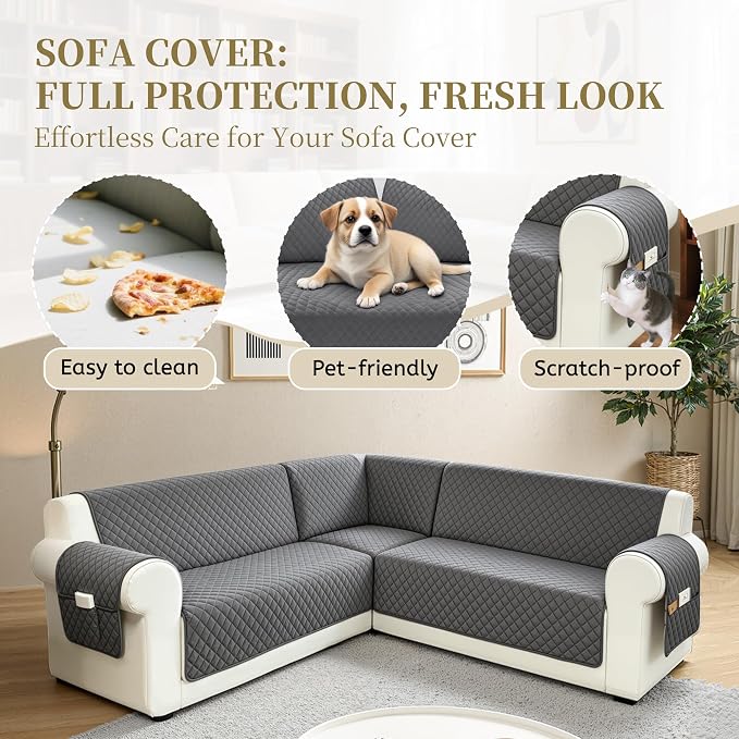 Sectional Couch Covers for Dogs 100% Waterproof Corner L Shaped Sofa Cover Pet Friendly Velvet Washable Anti Slip L Shape Modular Sofa Slipcover Protector with Pockets (Gray, Small) - Image 4